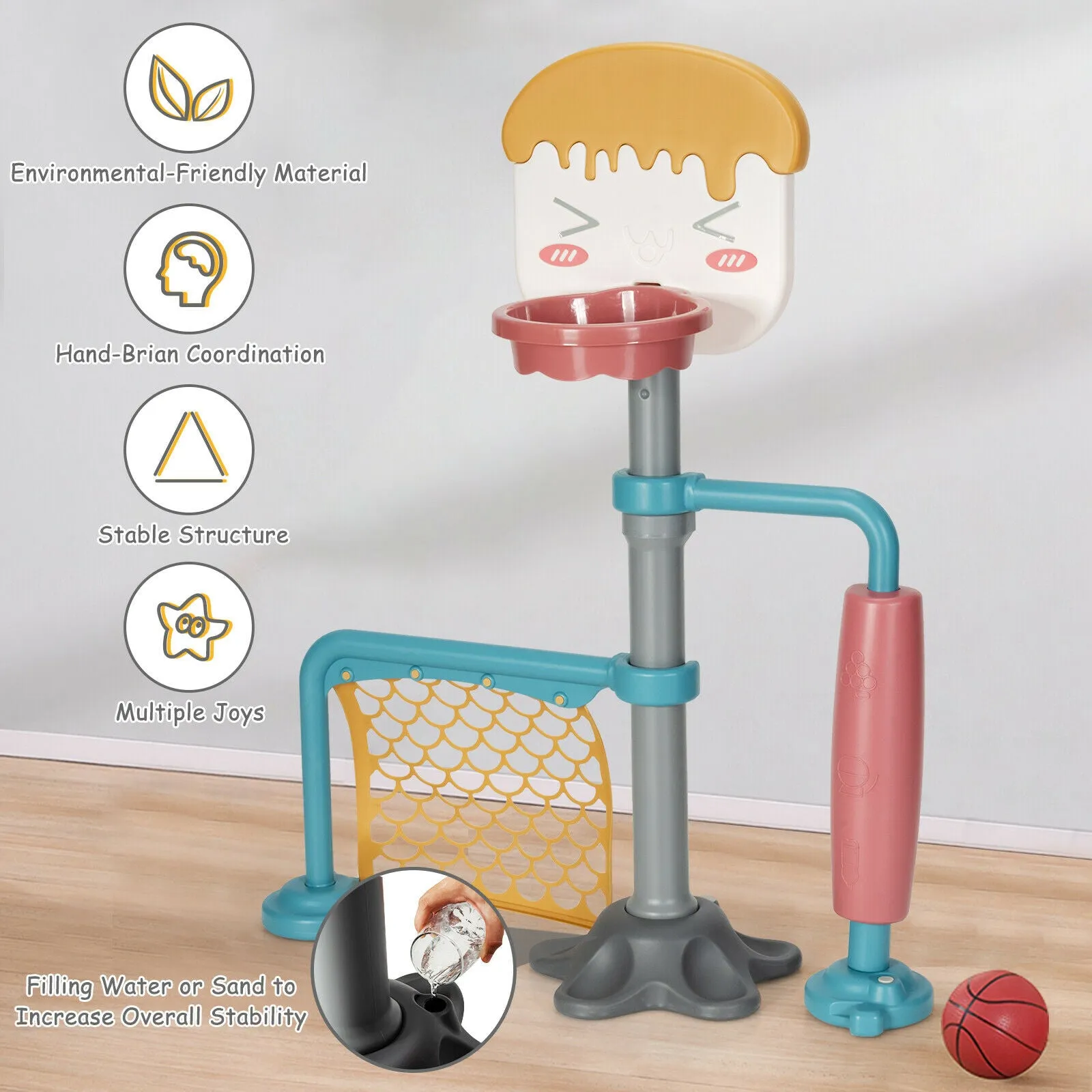 2-in-1 Kids Basketball Stand | Adjustable Rubber Football Goal Smooth Roller | 3 Years 