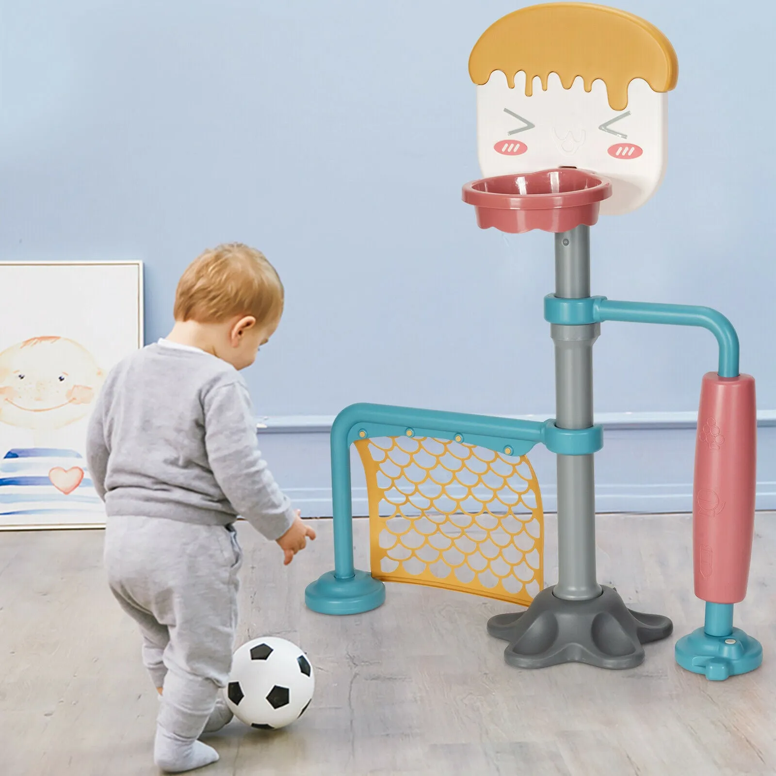 2-in-1 Kids Basketball Stand | Adjustable Rubber Football Goal Smooth Roller | 3 Years 
