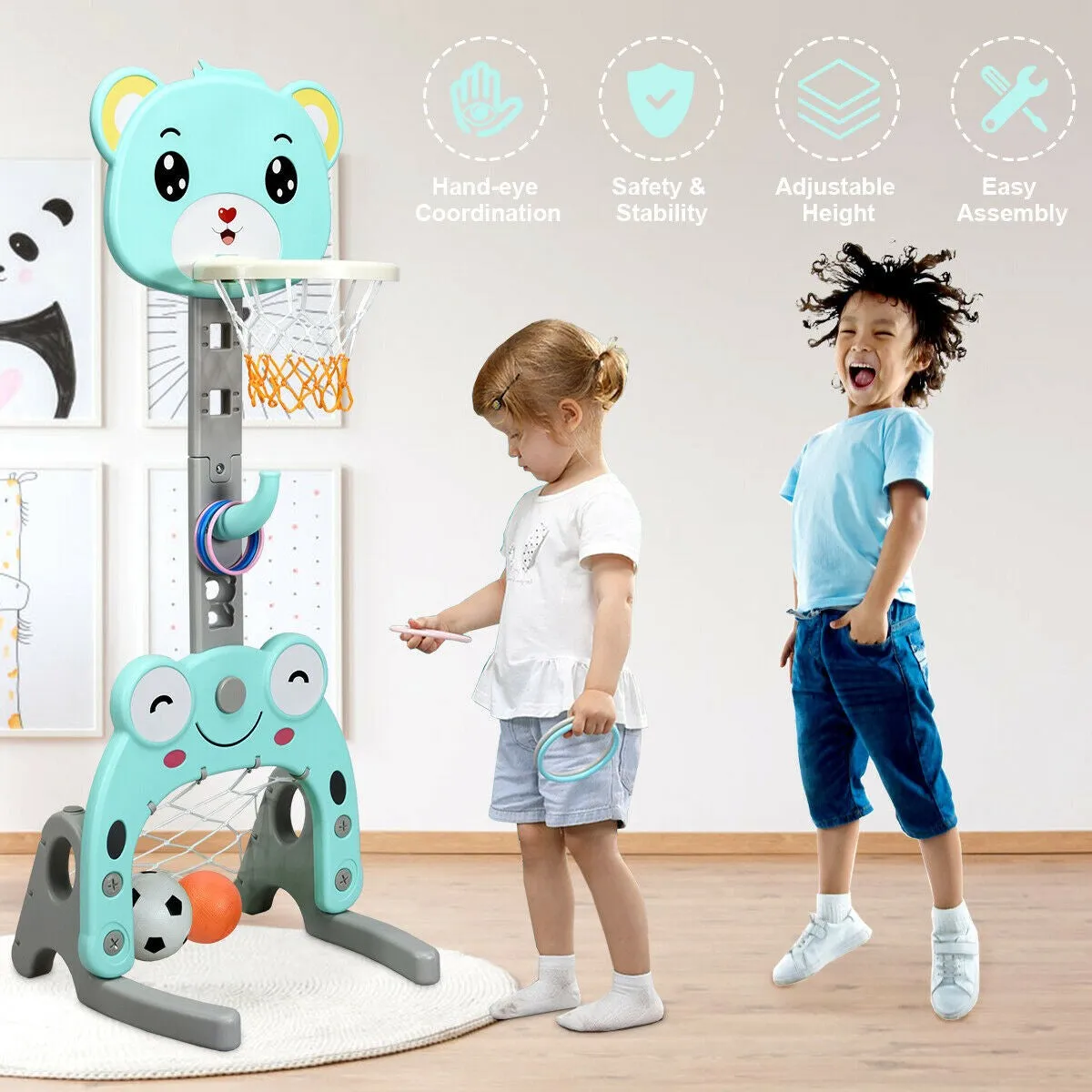 3-in-1 Basketball Hoop Toddlers | Football Net | Ring Toss inc. Accessories | 3 Years 