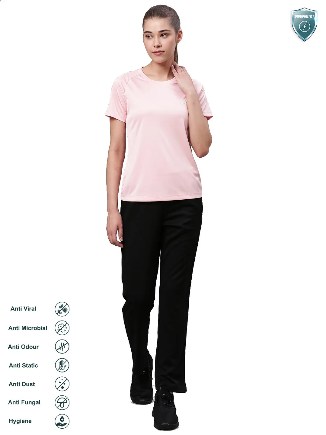 Alcis Women Pink Solid Round Neck VIROPROTKT Training T-shirt