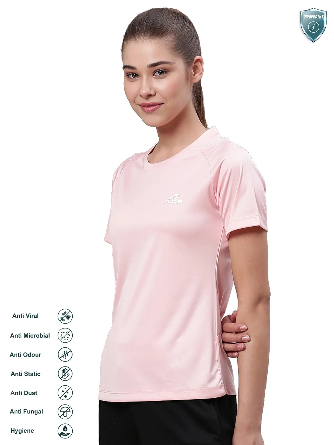 Alcis Women Pink Solid Round Neck VIROPROTKT Training T-shirt