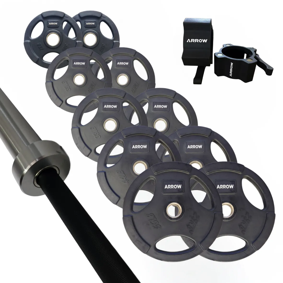 ARROW® 150Kg Rubber Coated Weight Plate   20kg Bar   Lock Jaw Package