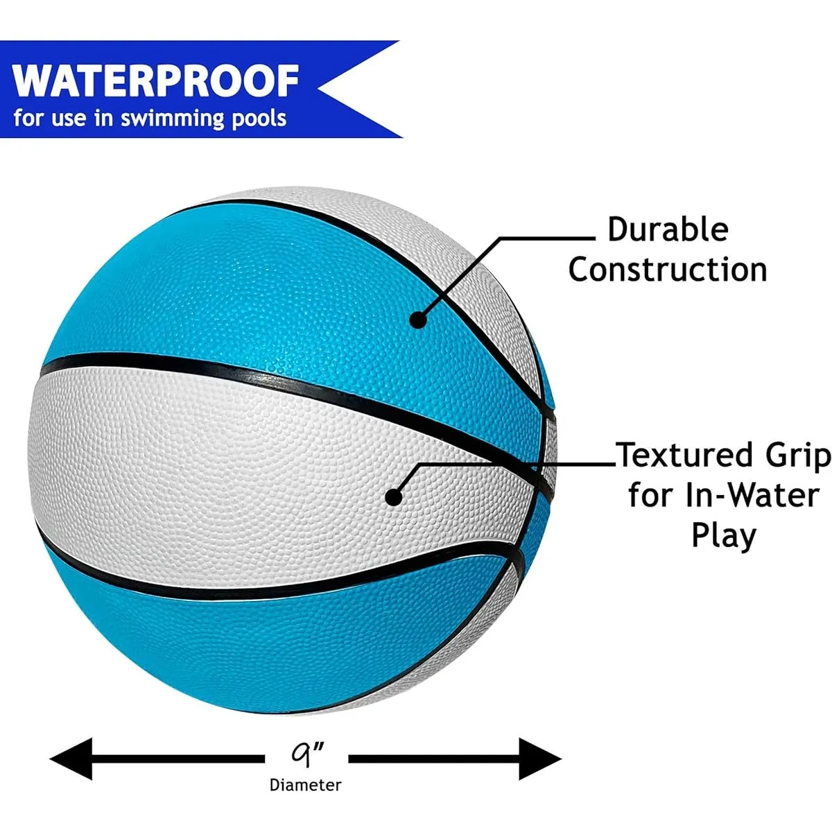 Botabee Regulation Size Swimming Pool Basketball | Blue Basketball for Swimming Pool Basketball Hoop & Pool Games | Regulation Size Waterproof Basketball for Ages 12  (Size 6, 9" Diameter)