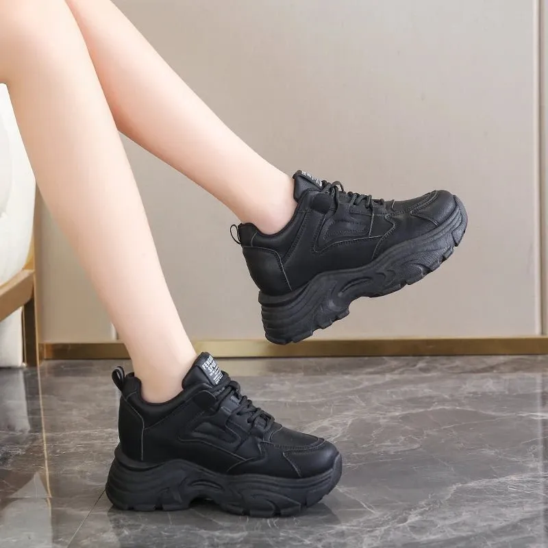 Breathable PU leather thick sole lace-up vulcanized sneakers