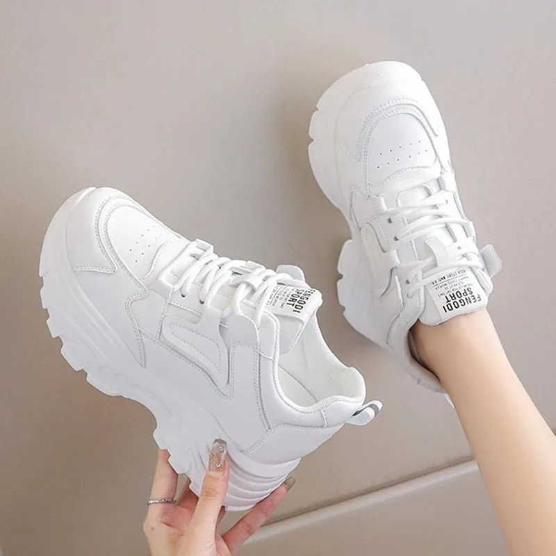 Breathable PU leather thick sole lace-up vulcanized sneakers