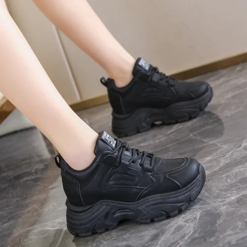 Breathable PU leather thick sole lace-up vulcanized sneakers