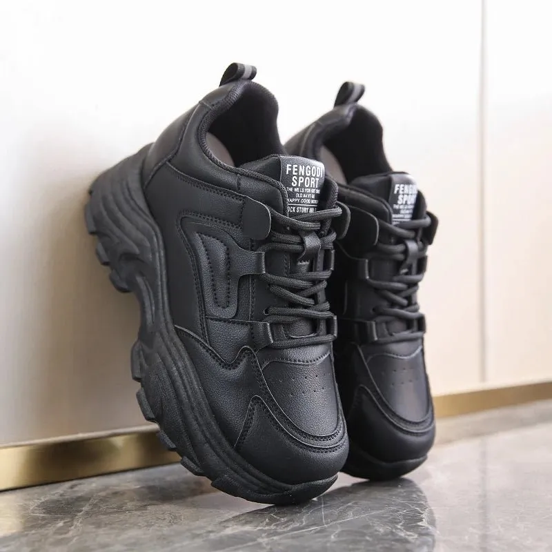 Breathable PU leather thick sole lace-up vulcanized sneakers