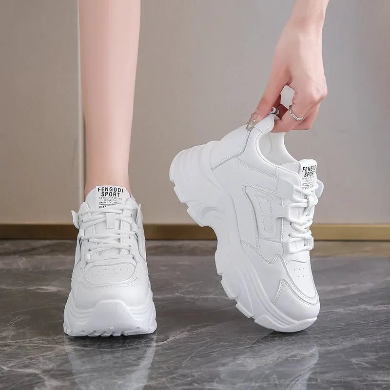 Breathable PU leather thick sole lace-up vulcanized sneakers