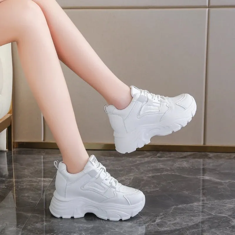 Breathable PU leather thick sole lace-up vulcanized sneakers