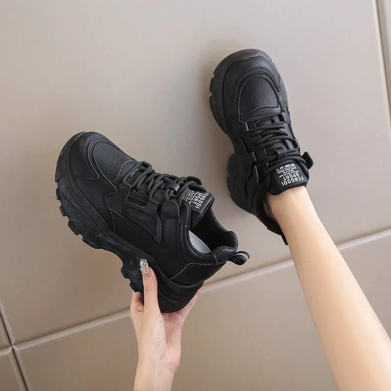 Breathable PU leather thick sole lace-up vulcanized sneakers