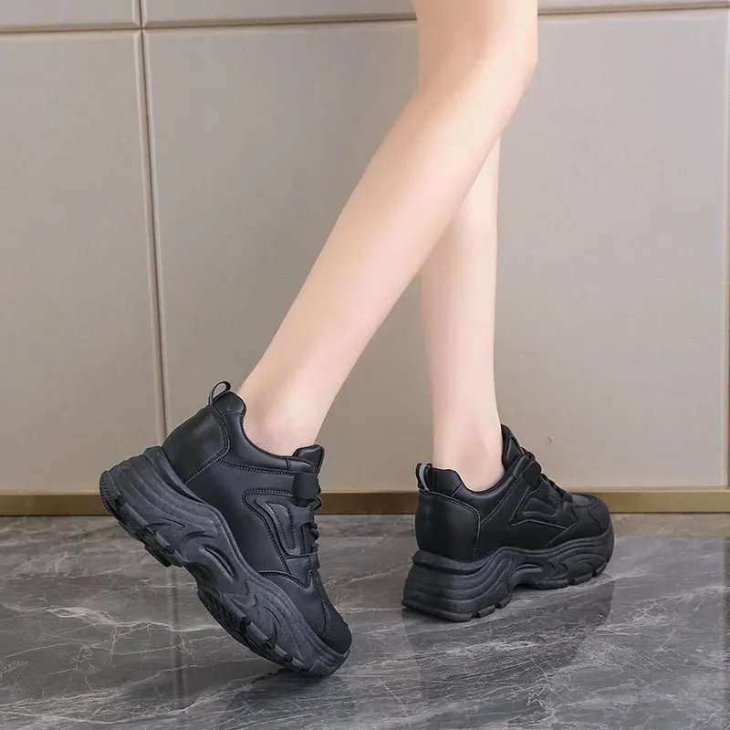 Breathable PU leather thick sole lace-up vulcanized sneakers