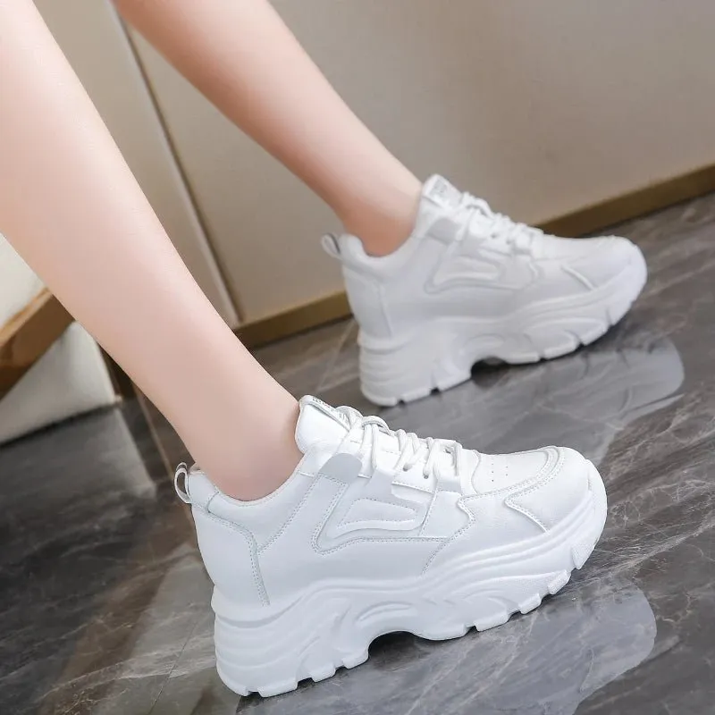 Breathable PU leather thick sole lace-up vulcanized sneakers