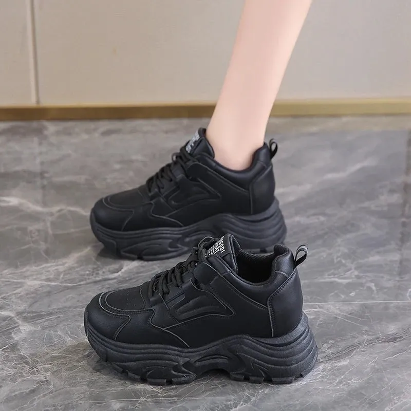 Breathable PU leather thick sole lace-up vulcanized sneakers