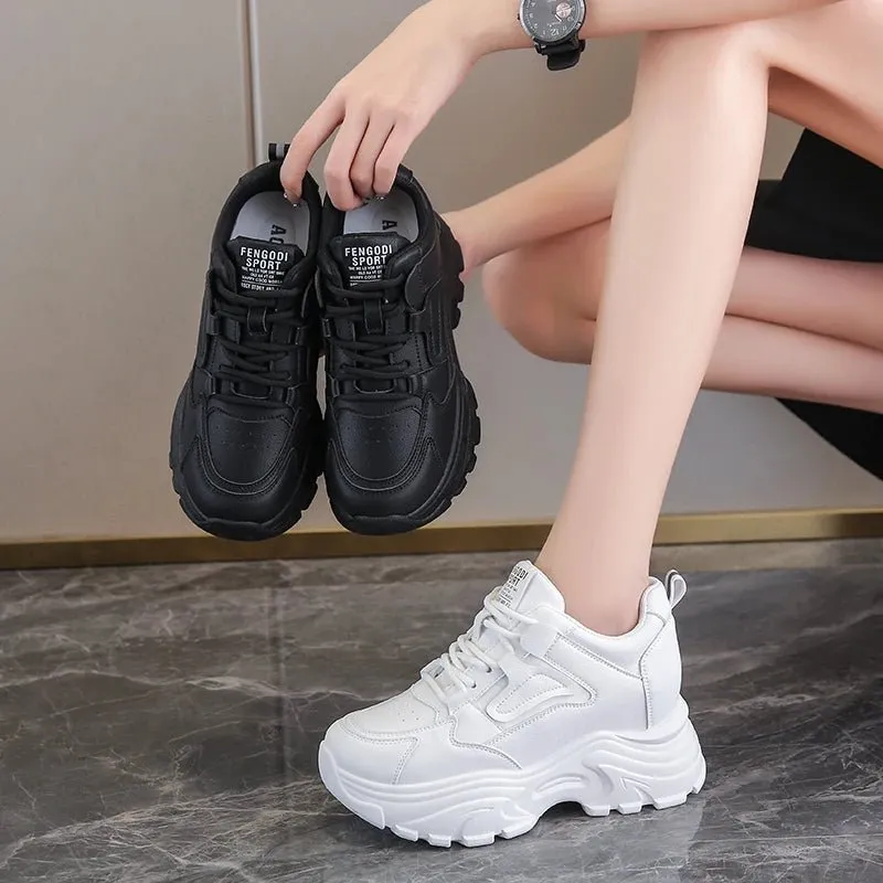 Breathable PU leather thick sole lace-up vulcanized sneakers