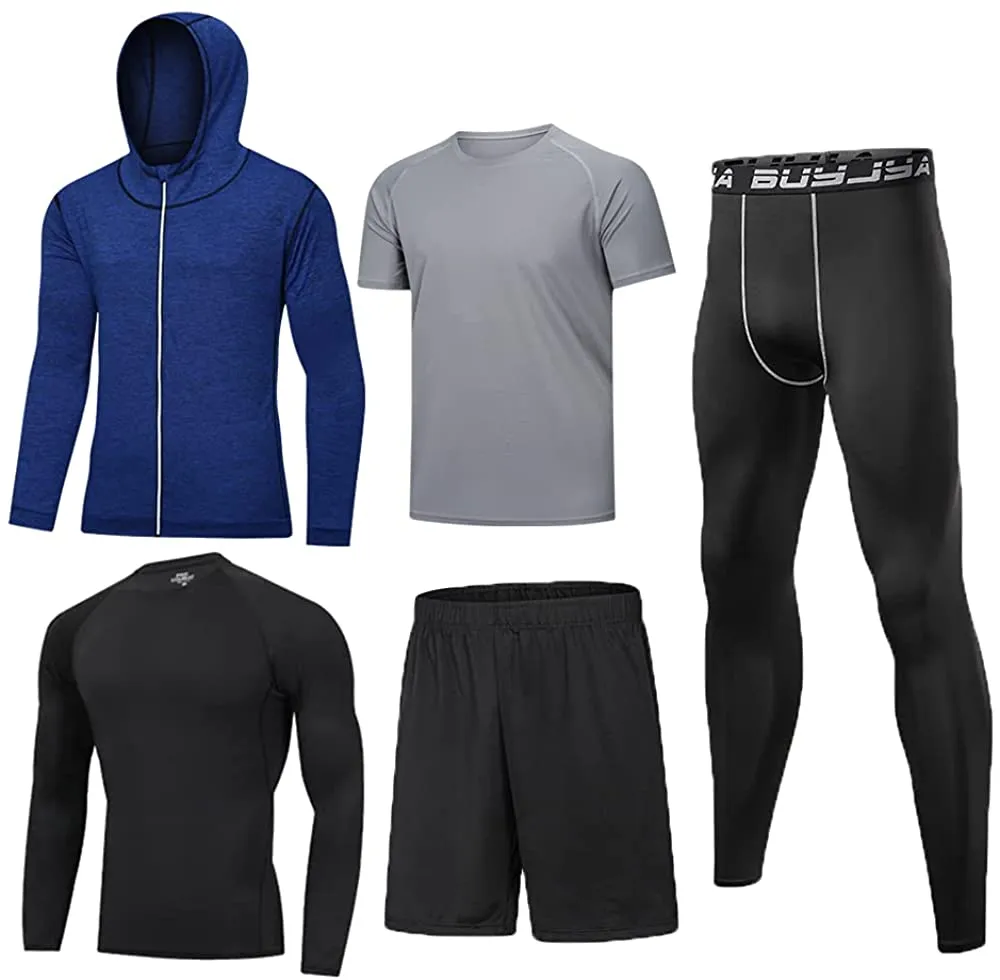 BUYJYA 5Pcs Men's Compression Pants Shirt Top Long Sleeve Jacket Athletic Sets Gym Clothing Mens Workout Valentines Day Gift