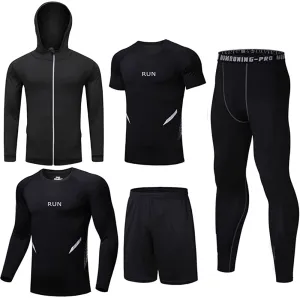 BUYJYA 5Pcs Men's Compression Pants Shirt Top Long Sleeve Jacket Athletic Sets Gym Clothing Mens Workout Valentines Day Gift