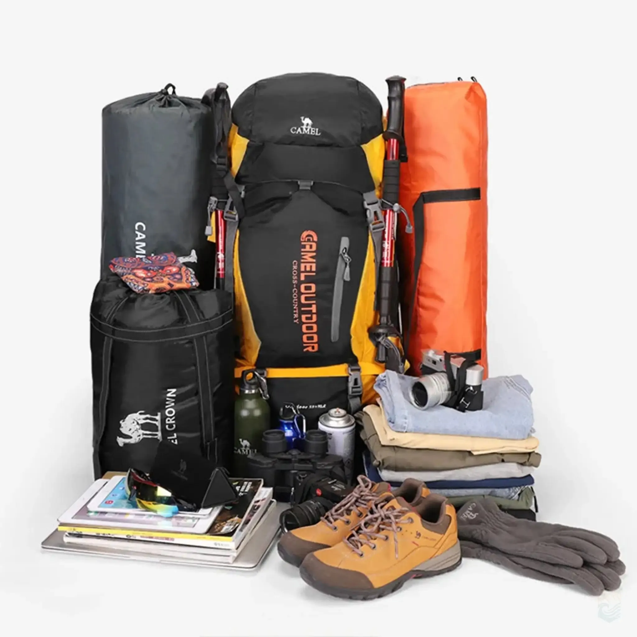 Camel 65L Waterproof Hiking Backpack Large Capacity Outdoor Bag for Camping and Extended Trips