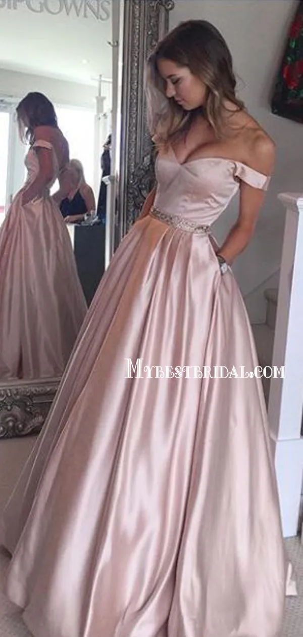 Fashion A-line Off-The-Shoulder Pink Long Prom Dress with Pockets,Party Dresses,New Evening Dress,PDY0300