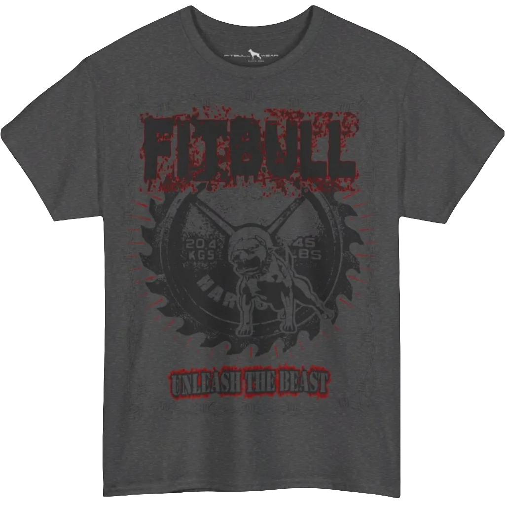 Fitbull Unleash The Beast Fitbull Heavy Cotton T-Shirt Sports Garment Bodybuilding Apparell Gym Gear Crossfit Training Clothing Workout Clothes Dark Heather