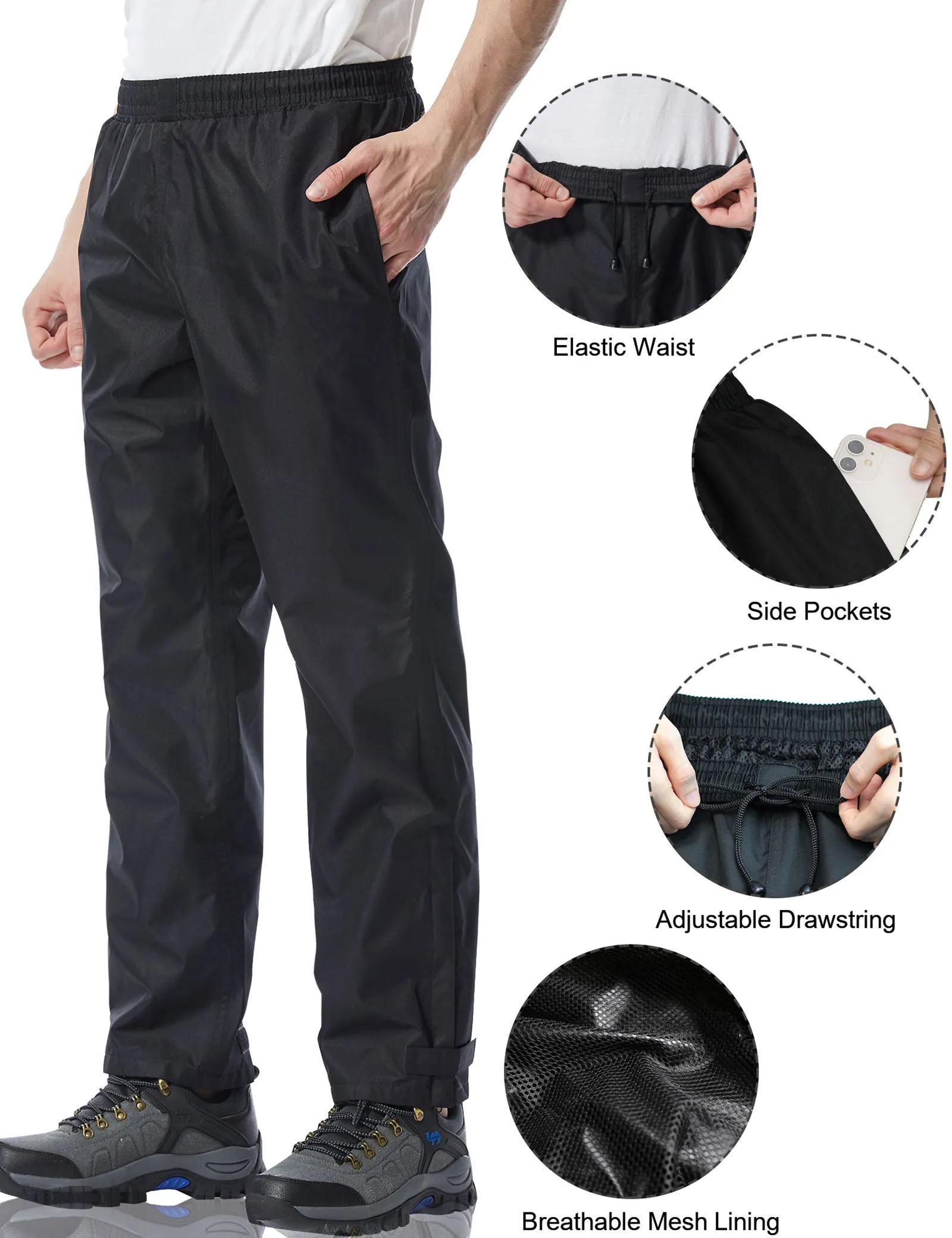 iCreek Men's Rain Pants Waterproof Over Pants Windproof Lightweight Hiking Pants Work Rain Outdoor for Golf, Fishing（Black With Pocket）