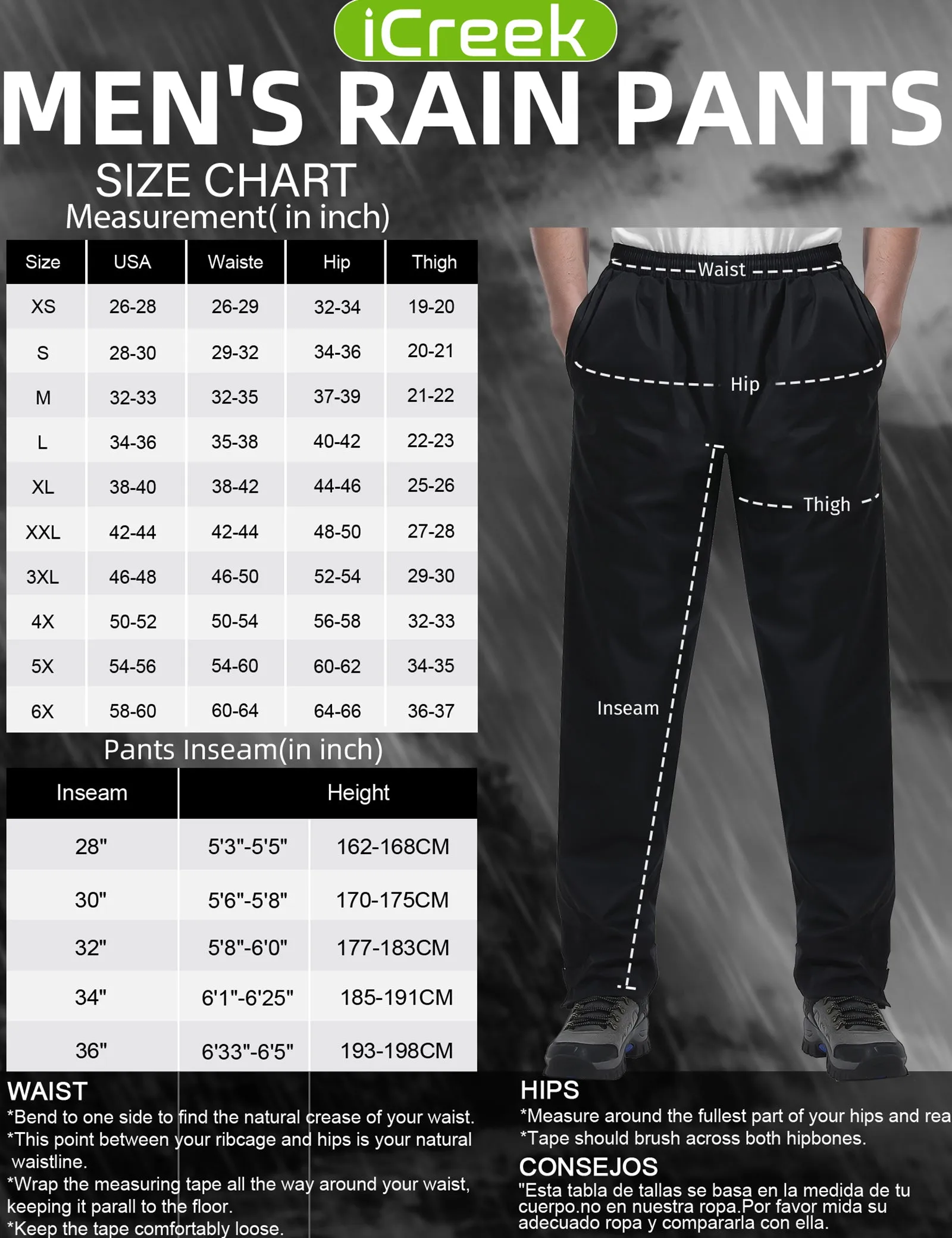 iCreek Men's Rain Pants Waterproof Over Pants Windproof Lightweight Hiking Pants Work Rain Outdoor for Golf, Fishing（Black With Pocket）