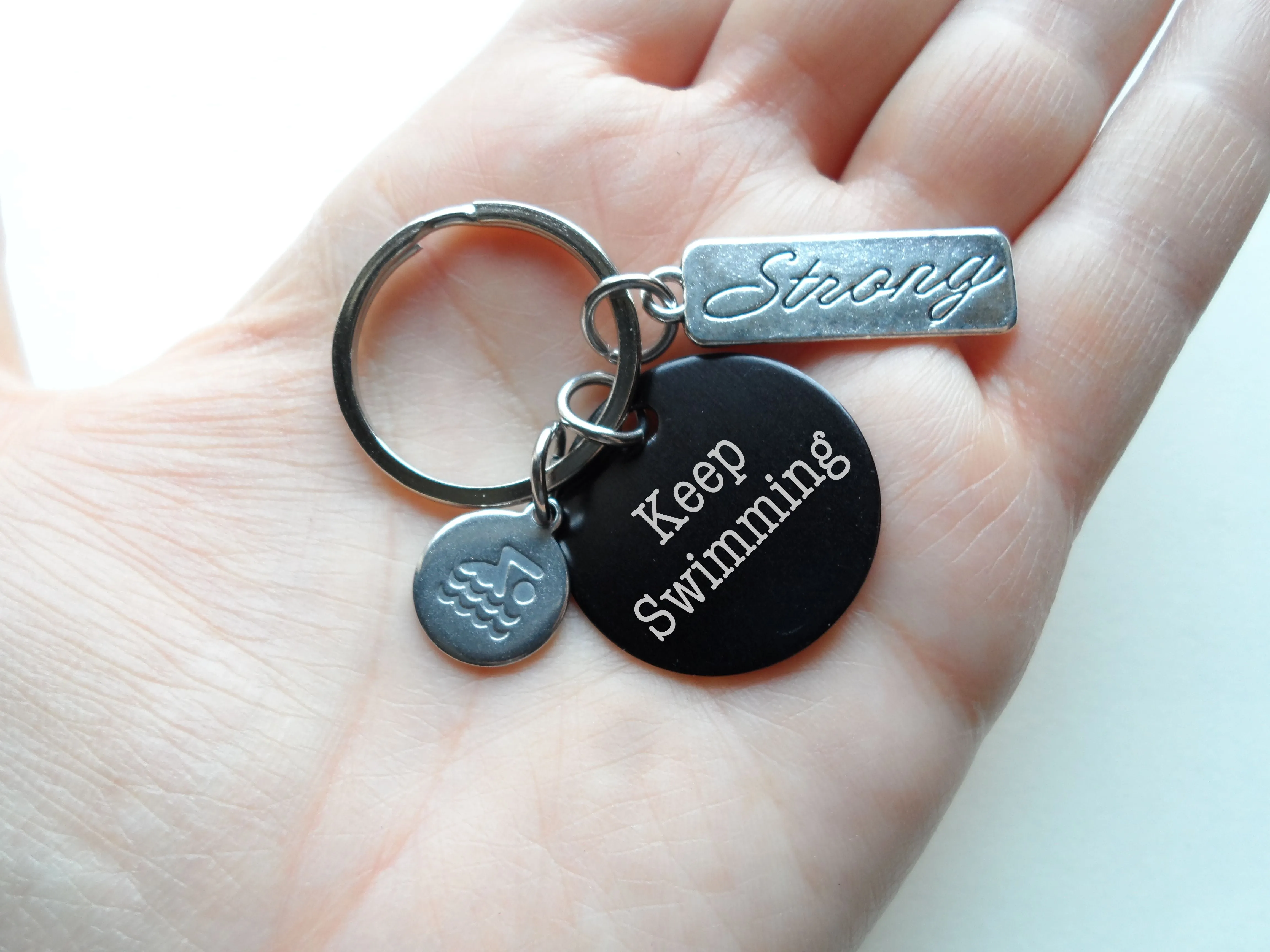 Keep Swimming Keychain, Swimmer & Strong Charm Keychain, Swimming Team Fitness Encouragement Keychain