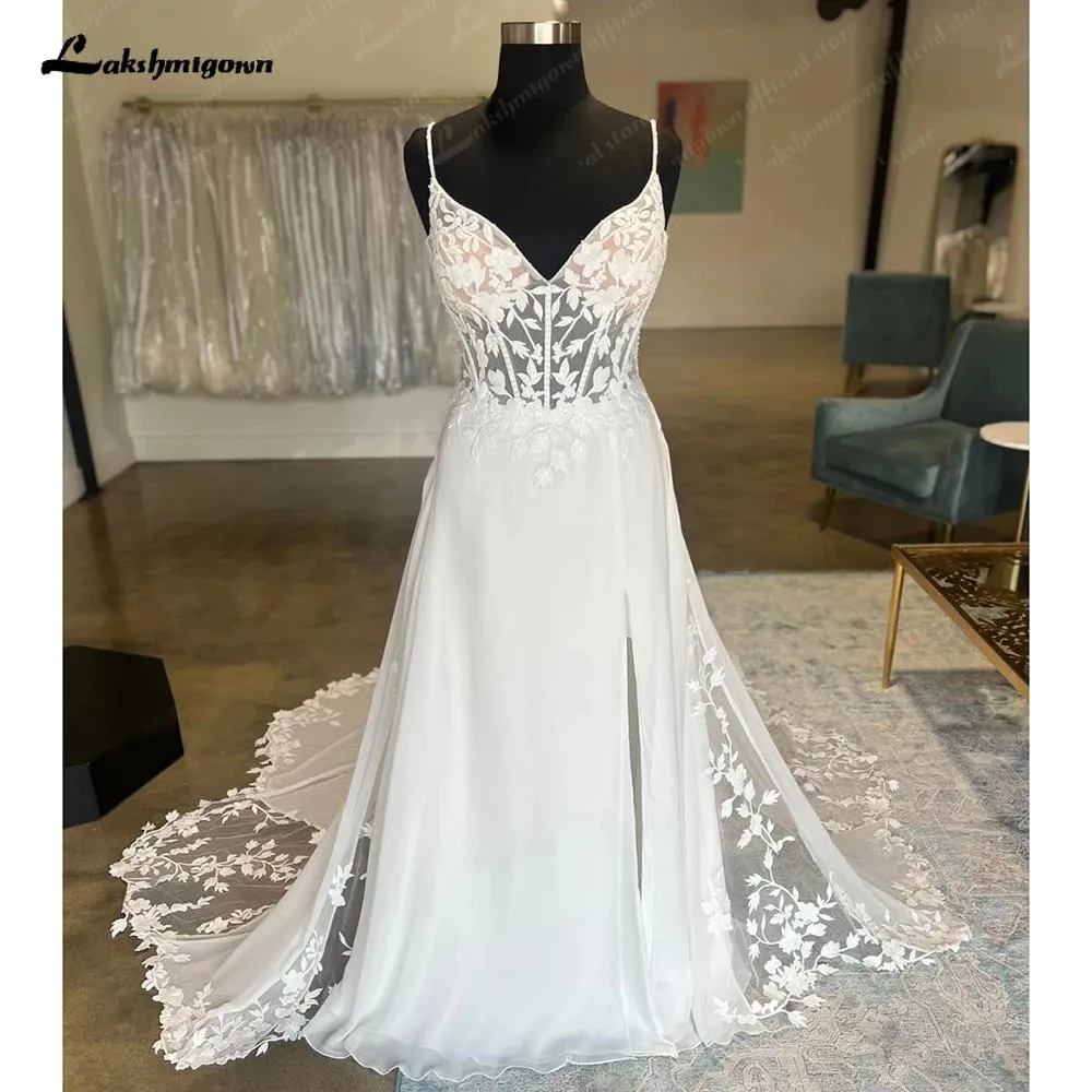 Lakshmigown Lace Boho Spaghetti Straps Wedding Dress for Bride V Neck Women Wedding Gown vestidos para mujer elegantes y bonitos