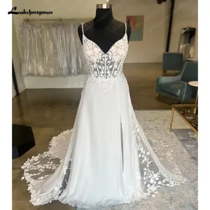 Lakshmigown Lace Boho Spaghetti Straps Wedding Dress for Bride V Neck Women Wedding Gown vestidos para mujer elegantes y bonitos