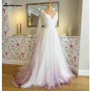 Lakshmigown Print Flower Garden Tulle Wedding Dress with Cape Women Sleeveless A Line V Neck Wedding Gowns for Bridal