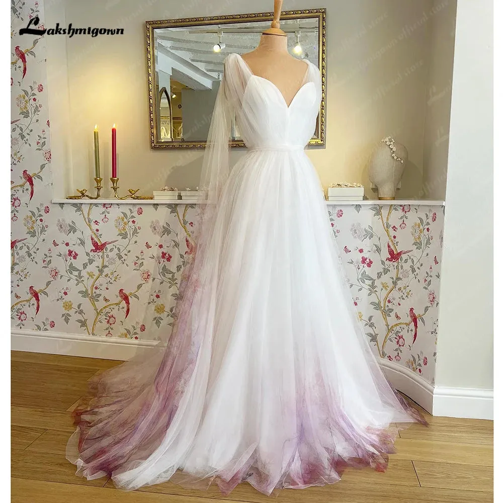 Lakshmigown Print Flower Garden Tulle Wedding Dress with Cape Women Sleeveless A Line V Neck Wedding Gowns for Bridal