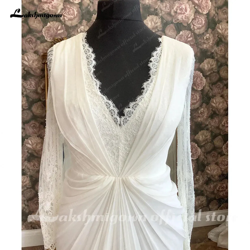 Lakshmigown Robe Civil Chiffon Long Sleeve V Neck Wedding Dress for Women 2024 Trouwjurk Bridal Gown Illusion Vestido Noiva