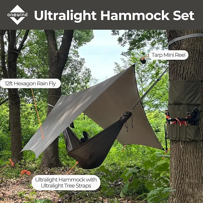 Onewind 12ft Hexagon Hammock Rain Fly, Waterproof Lightweight and Durable Silnlyon Camping Hammock Tarp for Backpacking and Hiking, Complete Accessories, OD Green