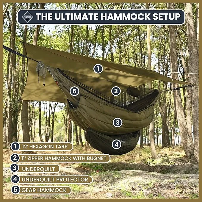 Onewind 12ft Hexagon Hammock Rain Fly, Waterproof Lightweight and Durable Silnlyon Camping Hammock Tarp for Backpacking and Hiking, Complete Accessories, OD Green