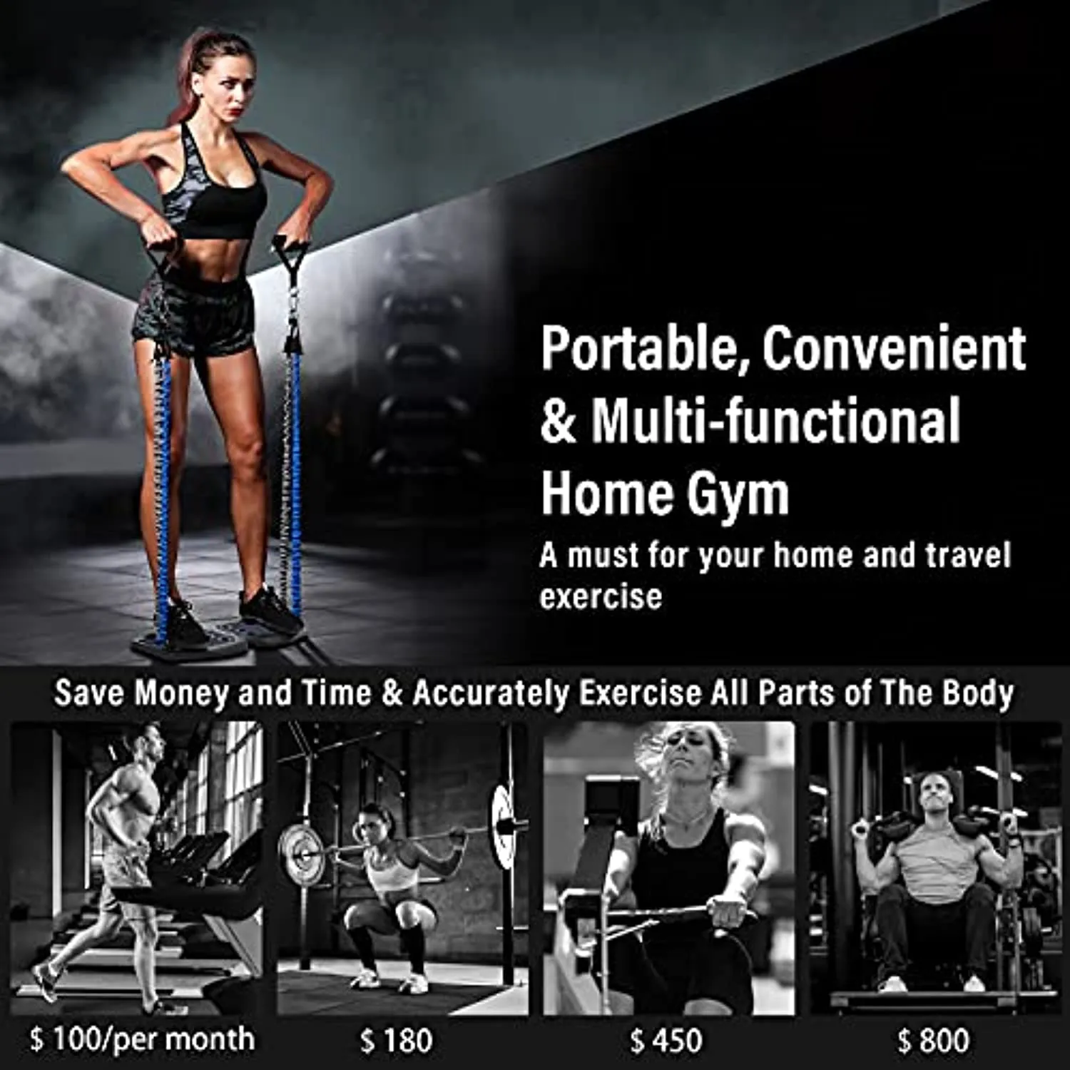 Portable Home Gym Workout Equipment with 16 Exercise Accessories Including Fitness Board, Elastic Resistance Bands, Ab Roller Wheels, Pilates Bar and More for Full Body at Home Exercise Equipment
