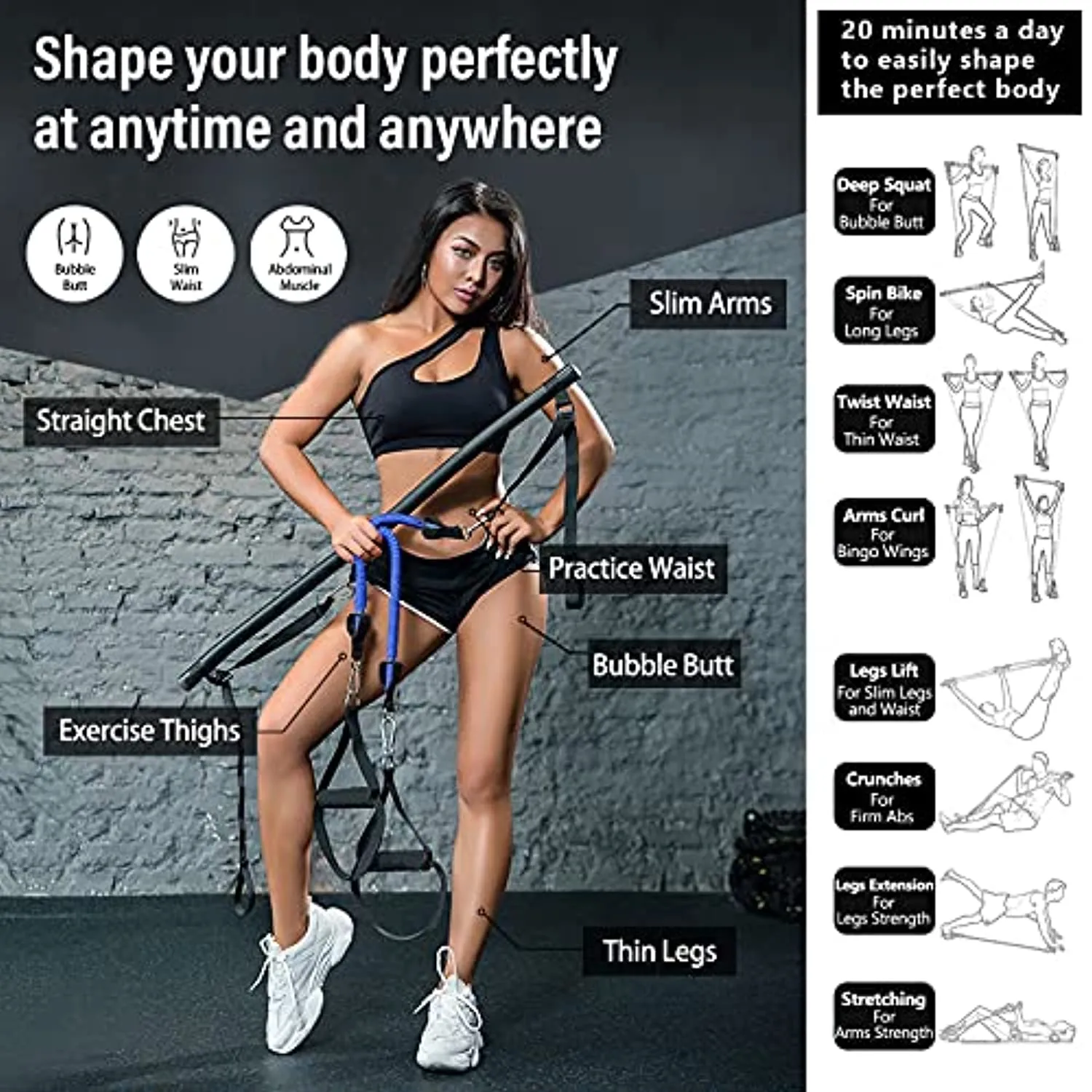 Portable Home Gym Workout Equipment with 16 Exercise Accessories Including Fitness Board, Elastic Resistance Bands, Ab Roller Wheels, Pilates Bar and More for Full Body at Home Exercise Equipment