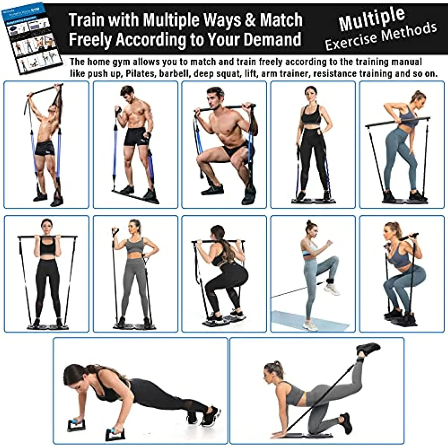 Portable Home Gym Workout Equipment with 16 Exercise Accessories Including Fitness Board, Elastic Resistance Bands, Ab Roller Wheels, Pilates Bar and More for Full Body at Home Exercise Equipment
