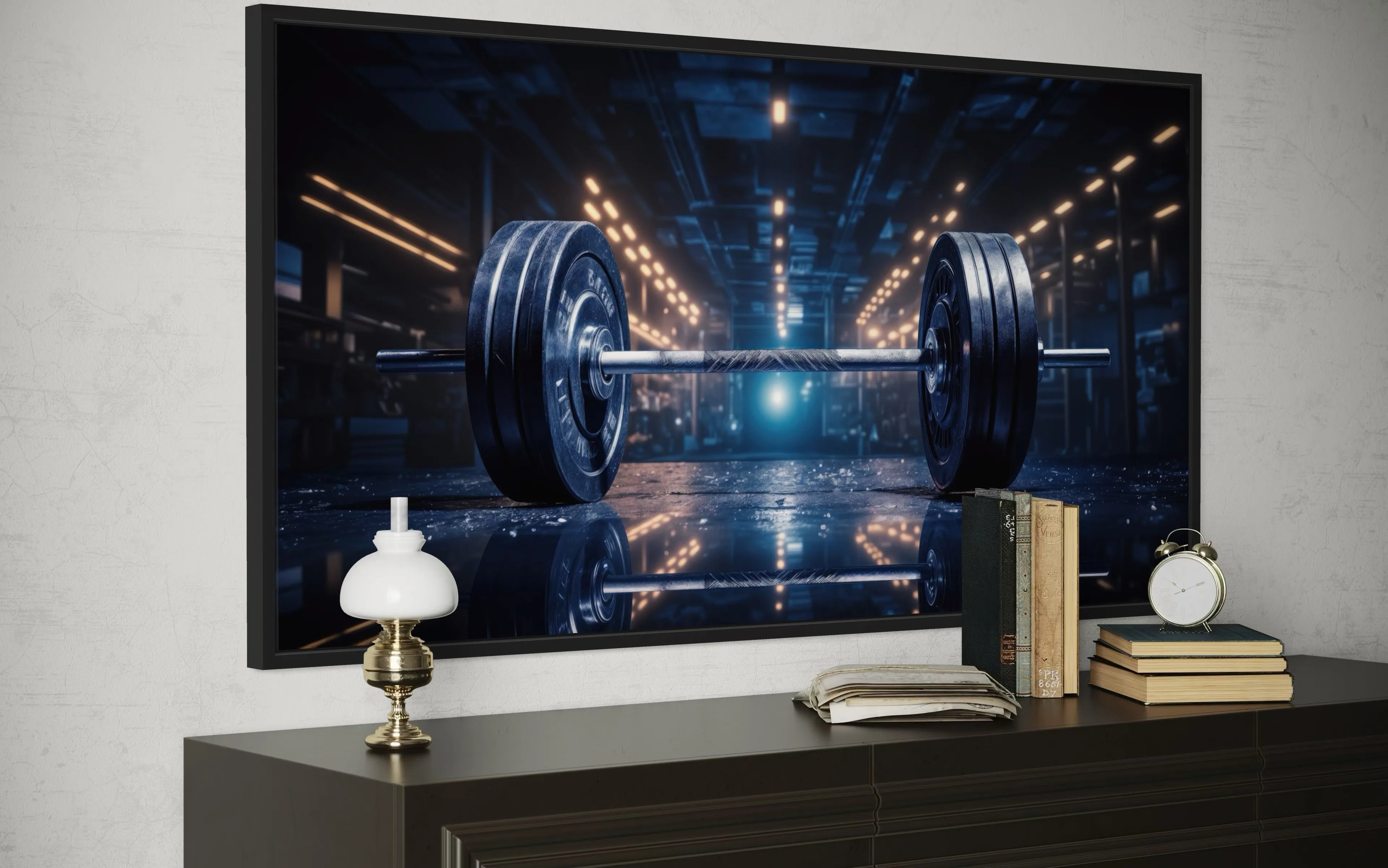 Realistic Barbell Painting Gym Framed Canvas Wall Art
