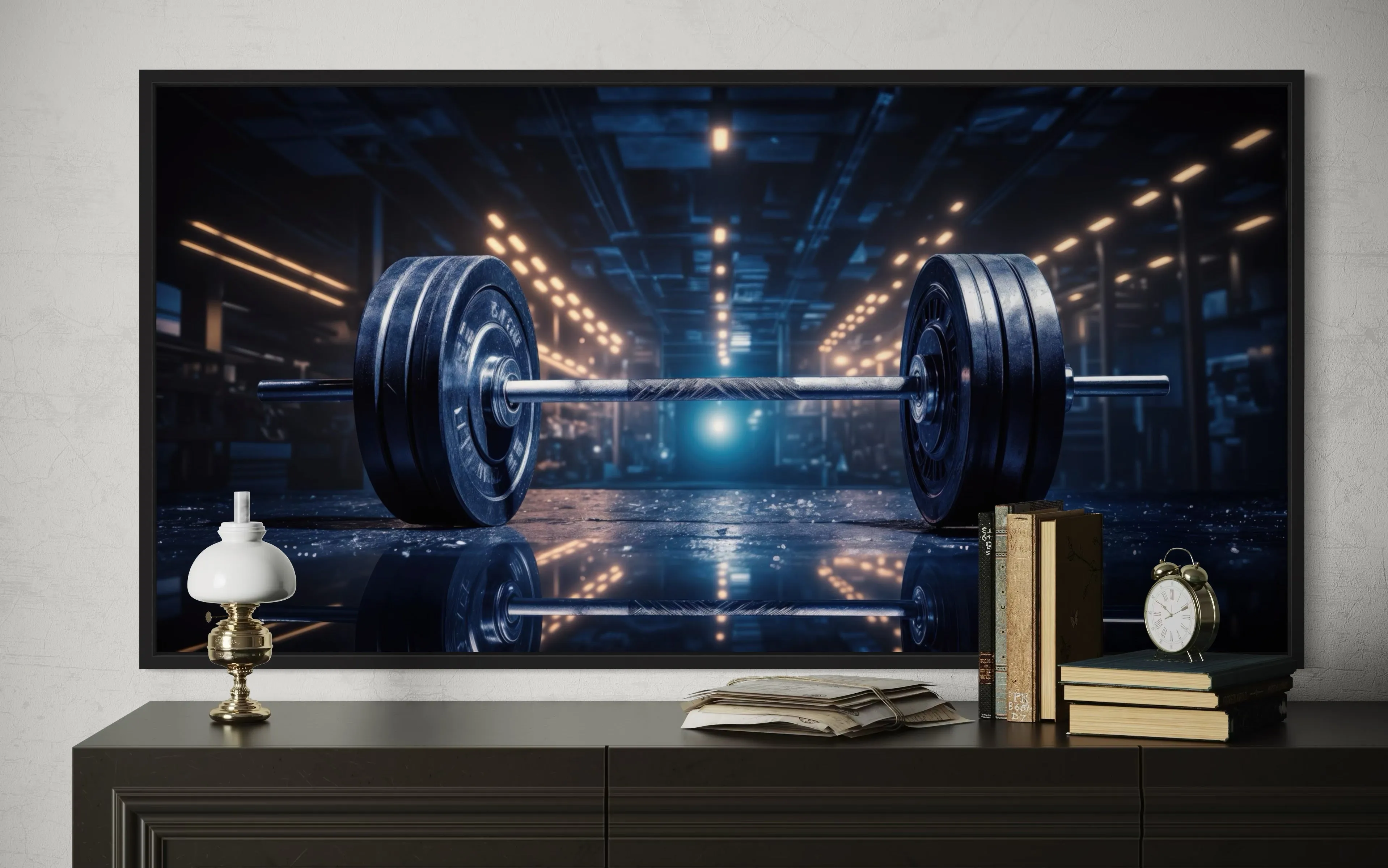 Realistic Barbell Painting Gym Framed Canvas Wall Art