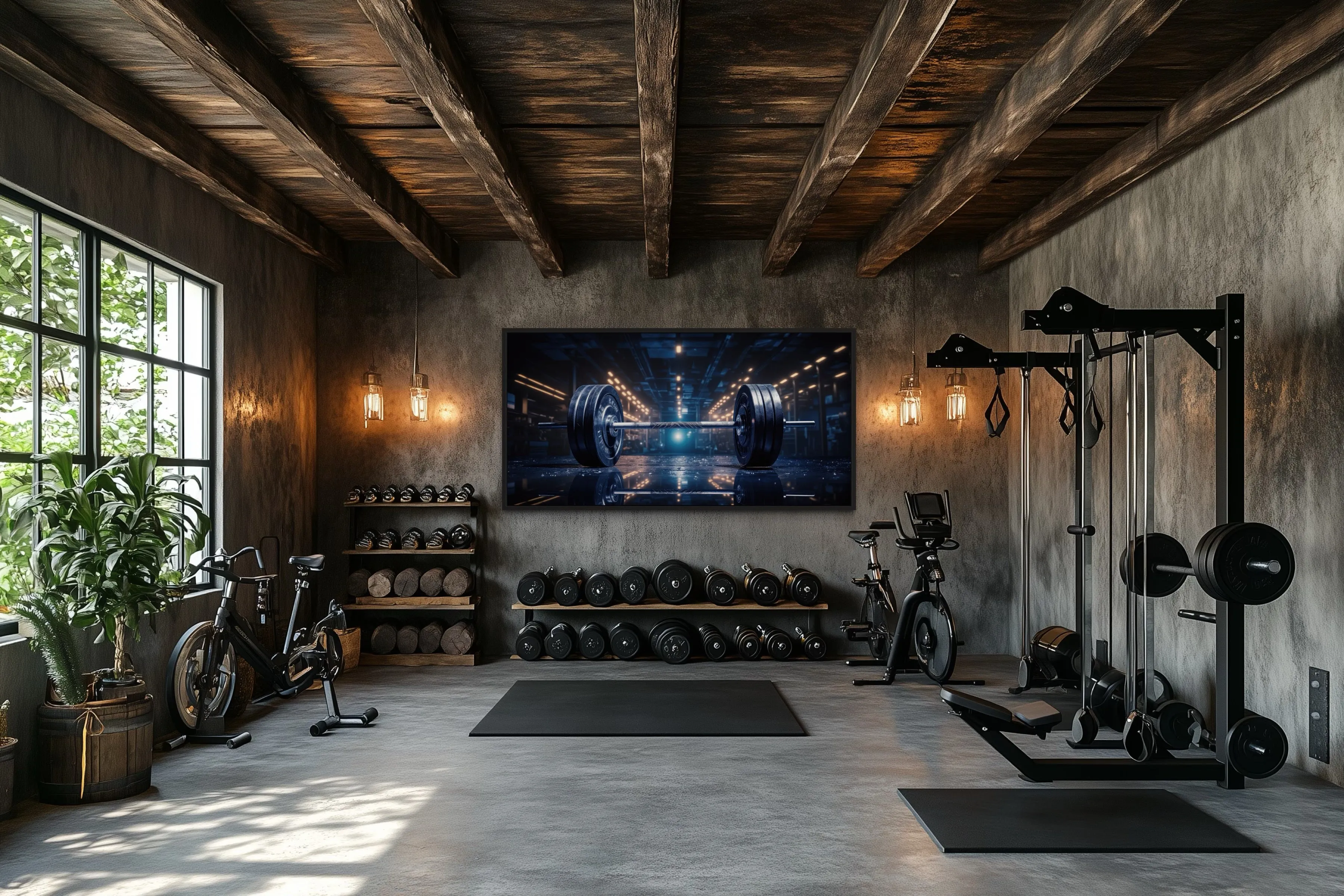 Realistic Barbell Painting Gym Framed Canvas Wall Art