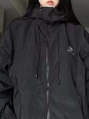 Retro Black Waterproof Oversize Outdoor Jacket with Hood