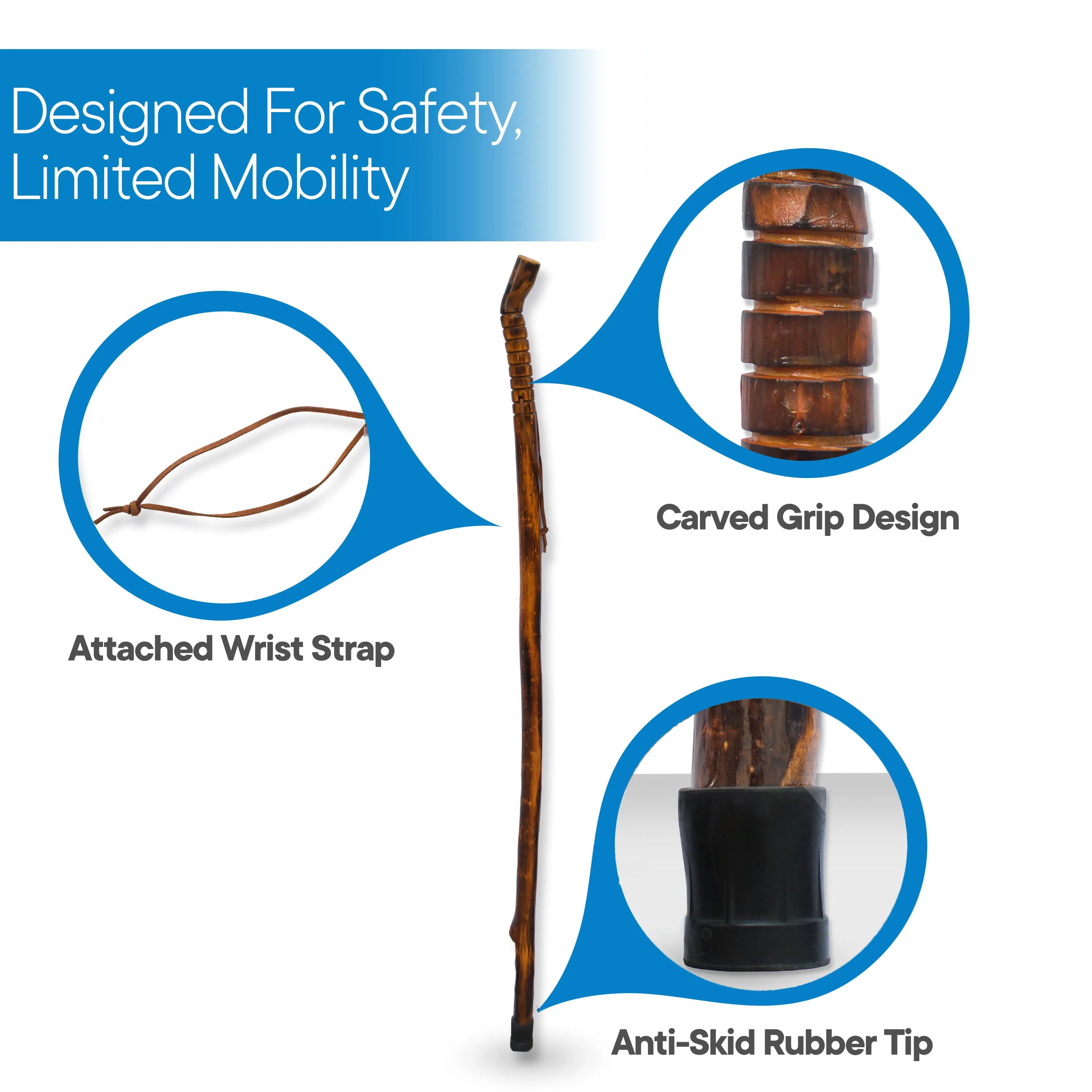 RMS - Natural Wood Walking Stick (Grooved Handle, 55 Inch)