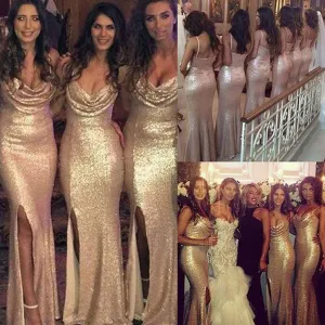 Sexy Seqin Mermaid Side Split Sparkly Women Cheap Long Wedding Party Bridesmaid Dresses, WGY0272