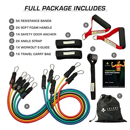 SOLARA Unbreakable Resistance Band for Exercise (11 pcs) - 100% Natural Latex Fitness Band- Resistance Bands for Workout for Men & Women, eBook & 20 Videos Included - 2 yr Warranty