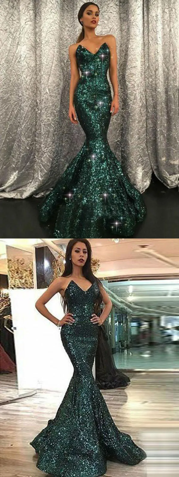 Sparkly V Neck Green Sequin Mermaid Long Prom Dress,Evening Party Dresses,PDY0162