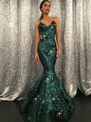 Sparkly V Neck Green Sequin Mermaid Long Prom Dress,Evening Party Dresses,PDY0162