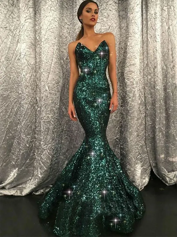 Sparkly V Neck Green Sequin Mermaid Long Prom Dress,Evening Party Dresses,PDY0162