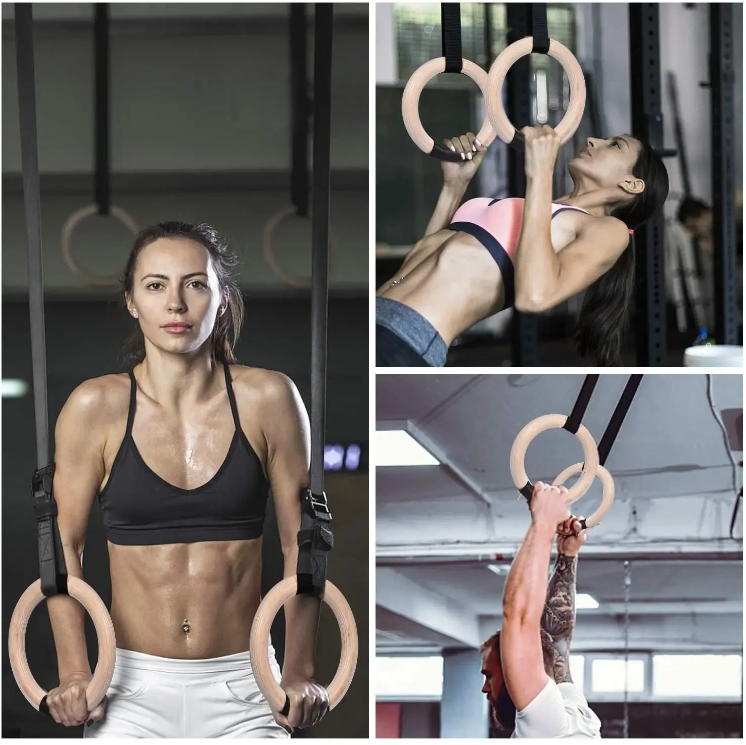 Sports Wood Gymnastic Rings - Adjustable Straps for Home Gym Strength Training