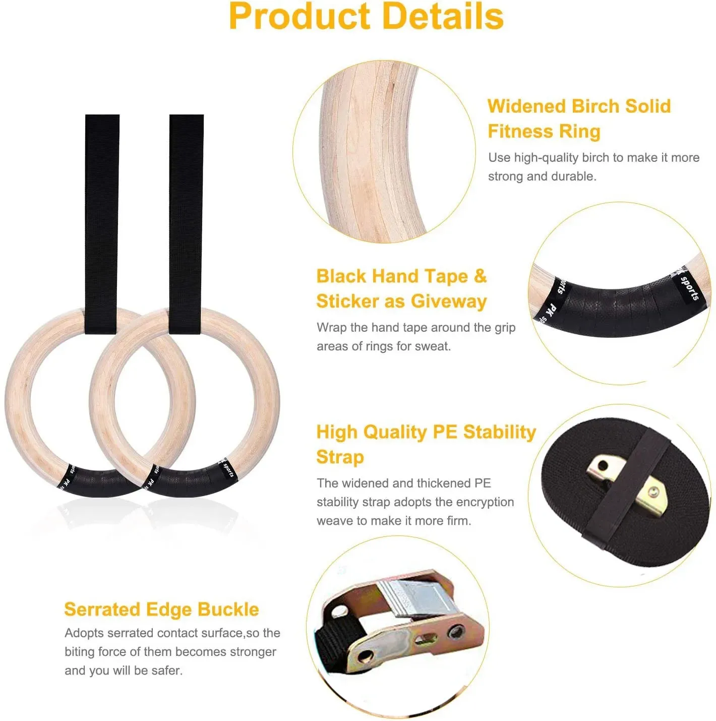 Sports Wood Gymnastic Rings - Adjustable Straps for Home Gym Strength Training