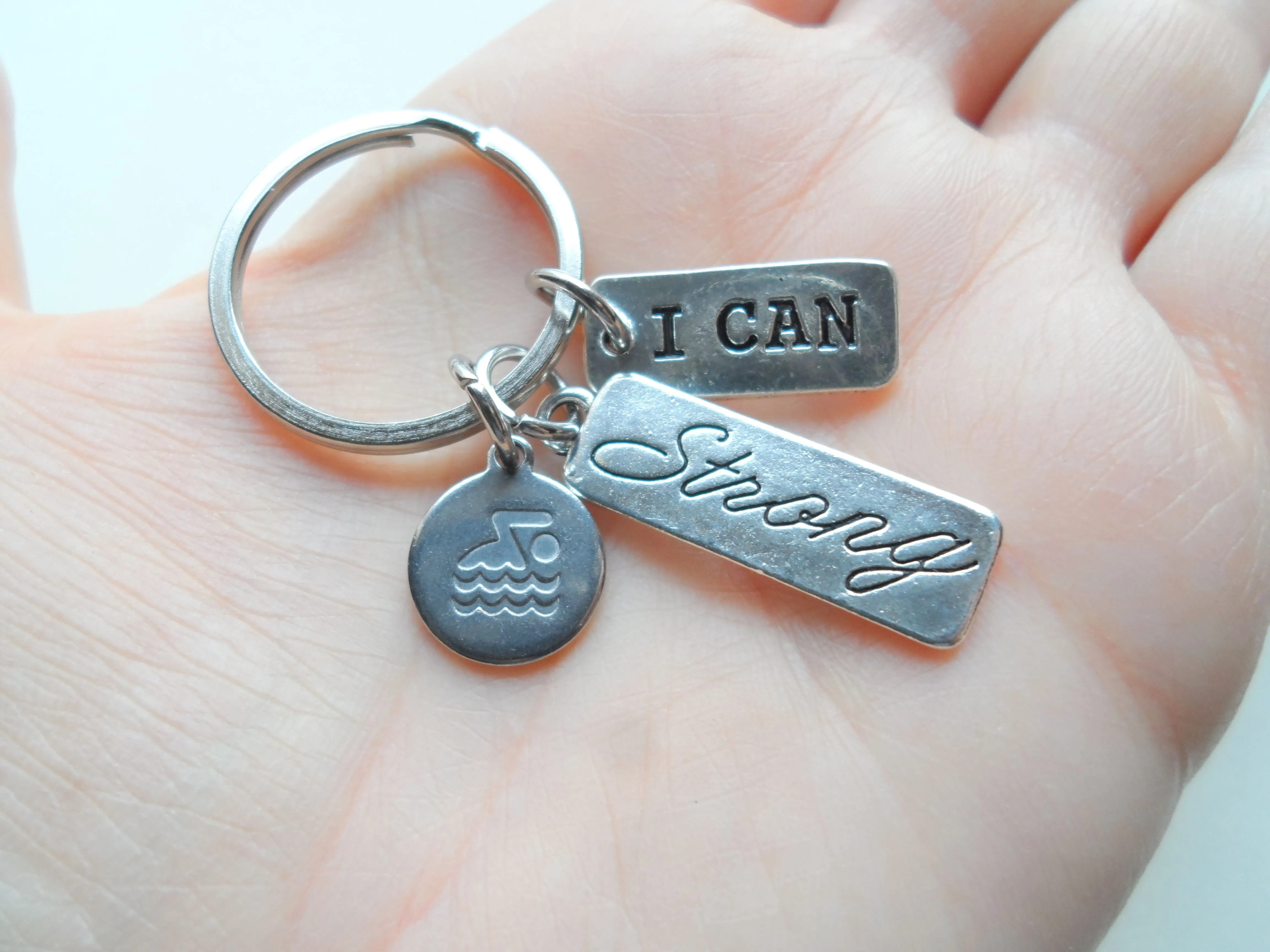 Swimmer Charm, Strong Tag, and I Can Tag Charm Keychain, Swim Keychain, Swimming Fitness Encouragement Keychain