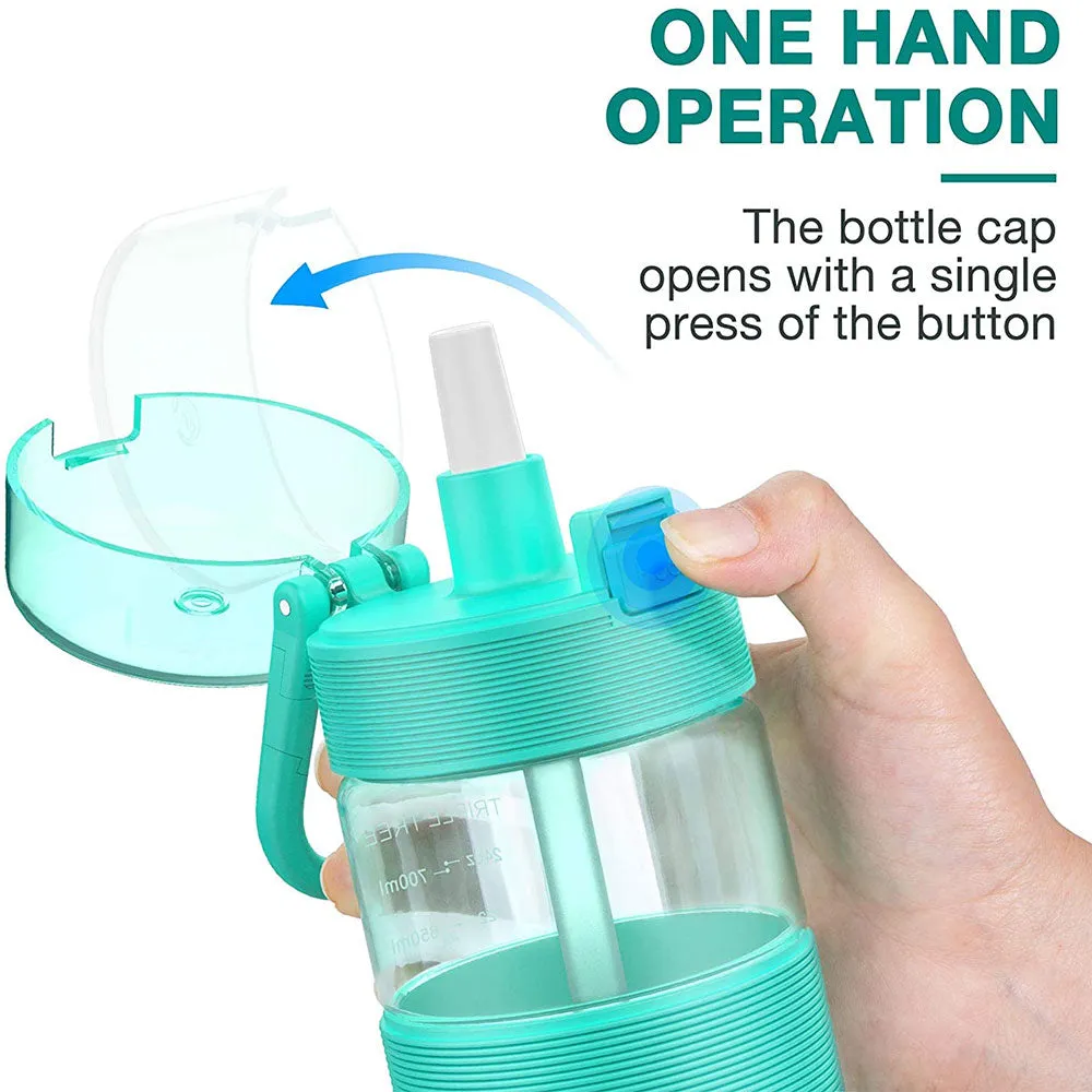 TRIPLETREE Sports Water Bottle With Straw, Tritan Plastic & Flip-Up Lid, Spring Buckle